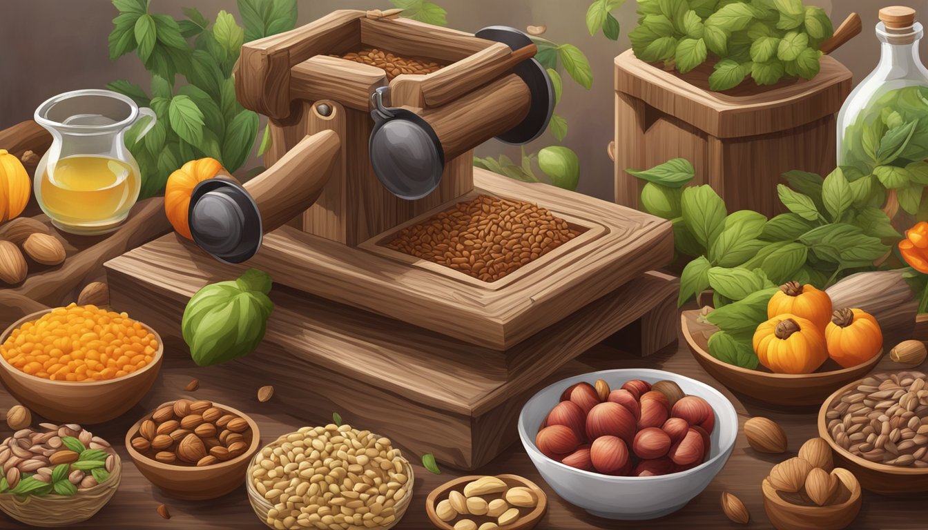 A wooden press extracting oil from a variety of seeds and nuts, surrounded by vibrant, fresh produce and herbs