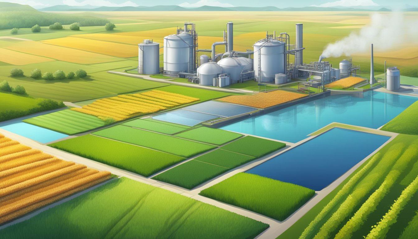 A serene landscape with fields of vibrant crops and a modern cold-press oil production facility, surrounded by clean air and clear water