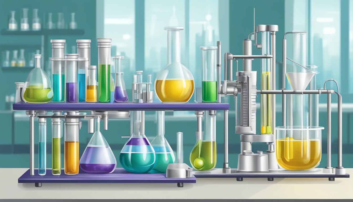 A laboratory set up with various equipment for analyzing cold pressed oils, including test tubes, beakers, and scientific instruments