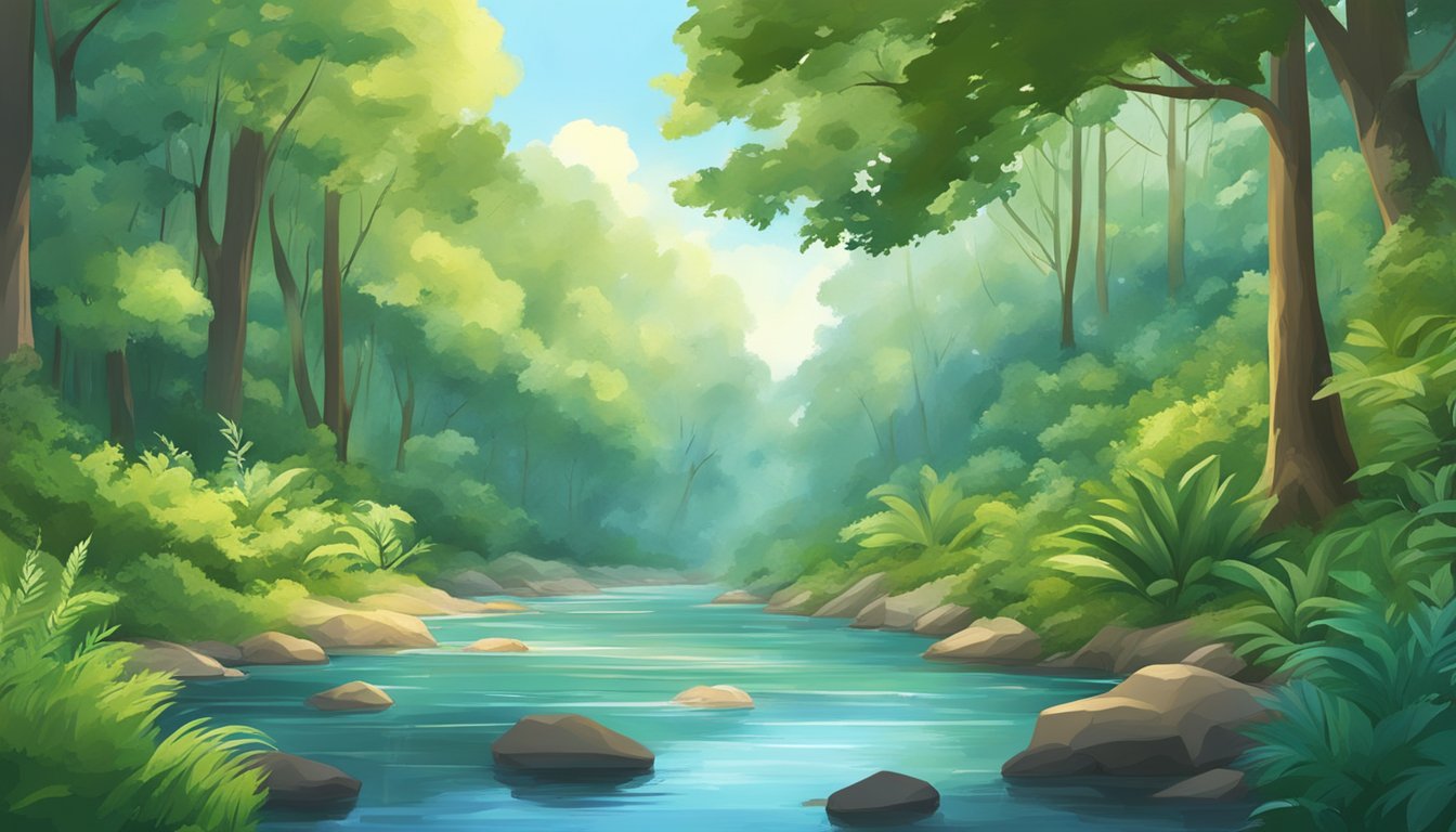 A serene forest with a flowing river, surrounded by lush greenery and diverse plant life, with a clear blue sky overhead