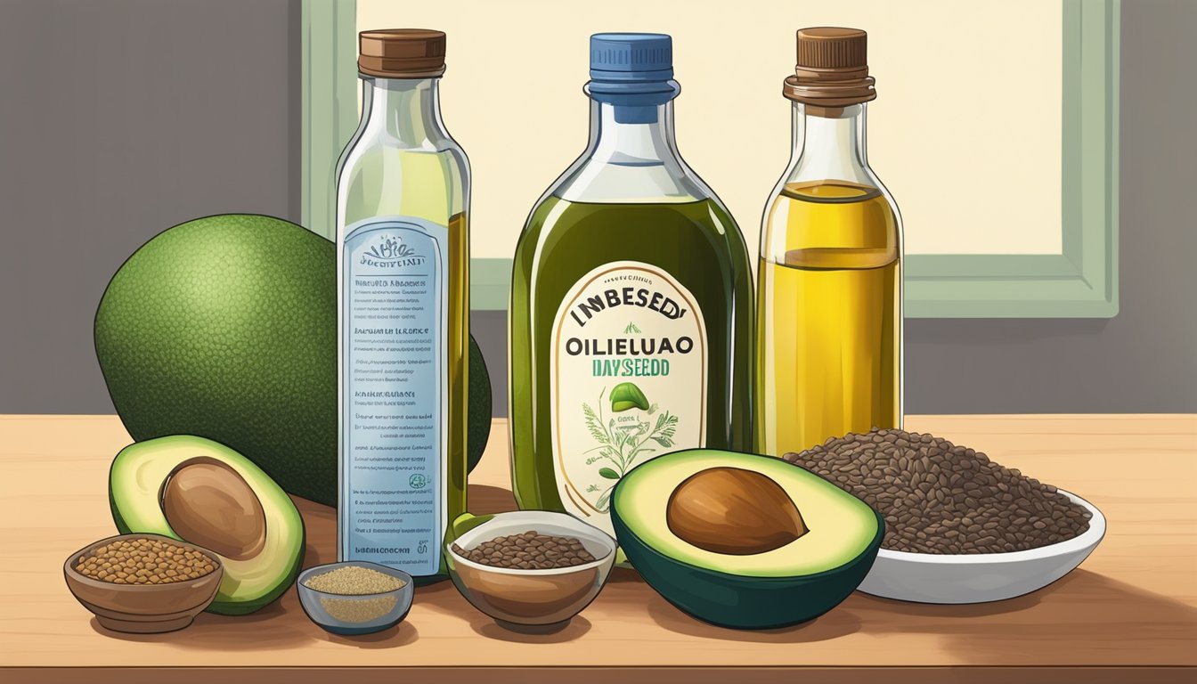 A variety of cold-pressed oils, such as olive, flaxseed, and avocado, sit on a table next to a bottle of insulin, symbolizing their potential anti-inflammatory effects on diabetes