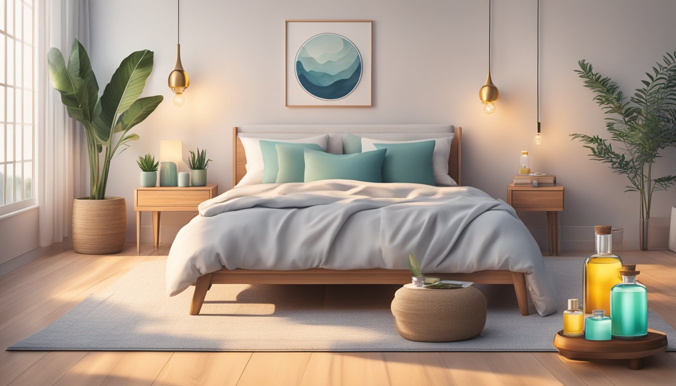 A tranquil bedroom with diffuser emitting soothing aroma, bottles of cold pressed oils, and a cozy bed for relaxation and sleep enhancement through aromatherapy