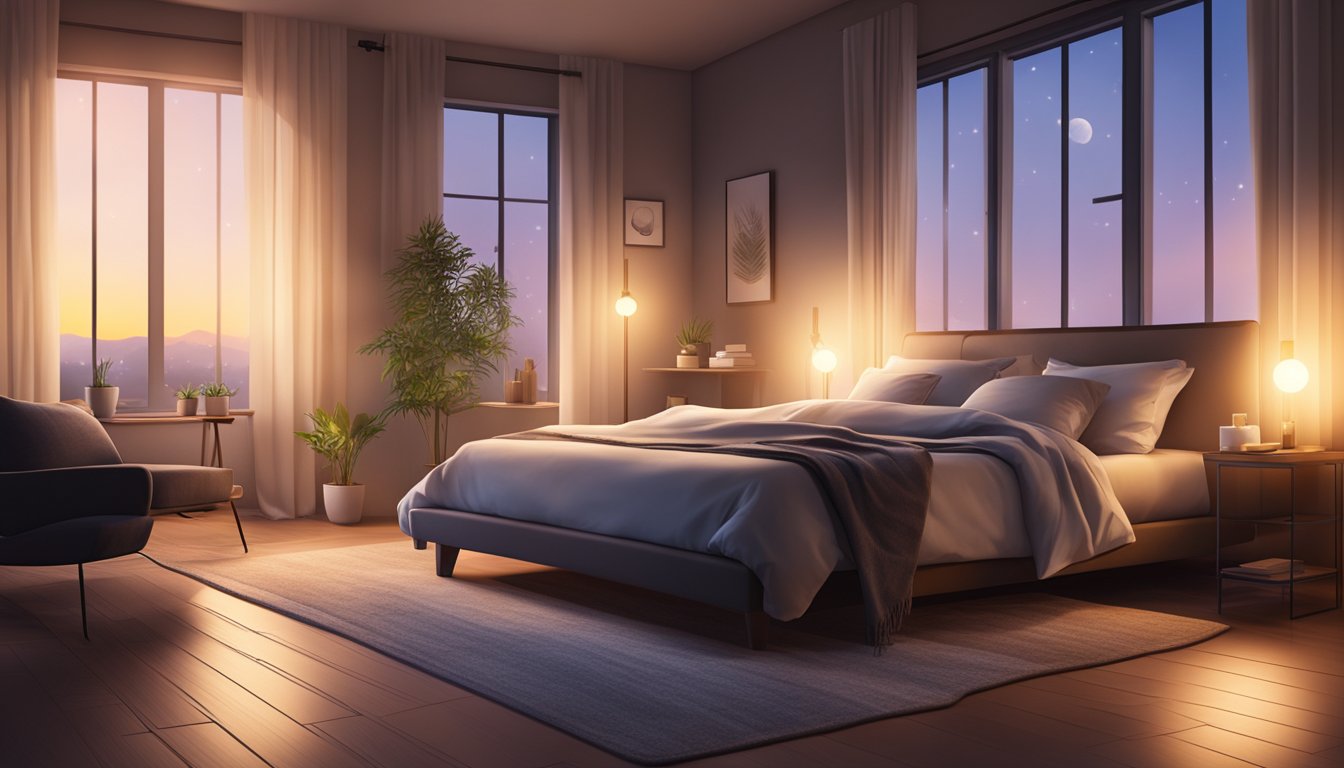 A dimly lit bedroom with a diffuser emitting a soft glow and the scent of cold pressed oils filling the air, creating a calming and relaxing atmosphere for sleep