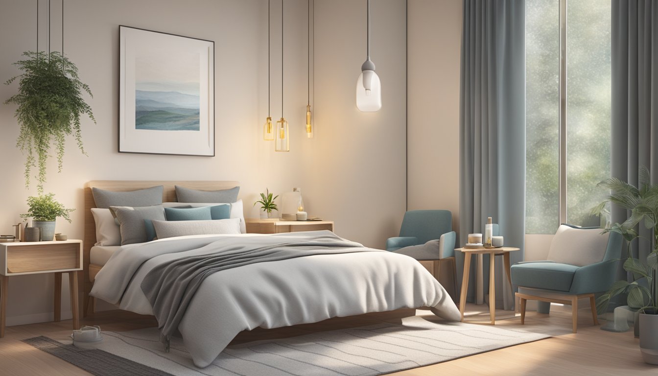 A tranquil bedroom with a diffuser releasing the scent of cold pressed oils, creating a calming atmosphere for sleep and relaxation