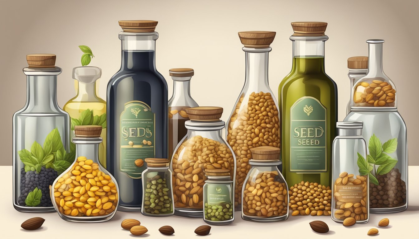 A collection of various seeds and nuts being cold pressed to extract oils, with bottles of the finished products lined up next to them