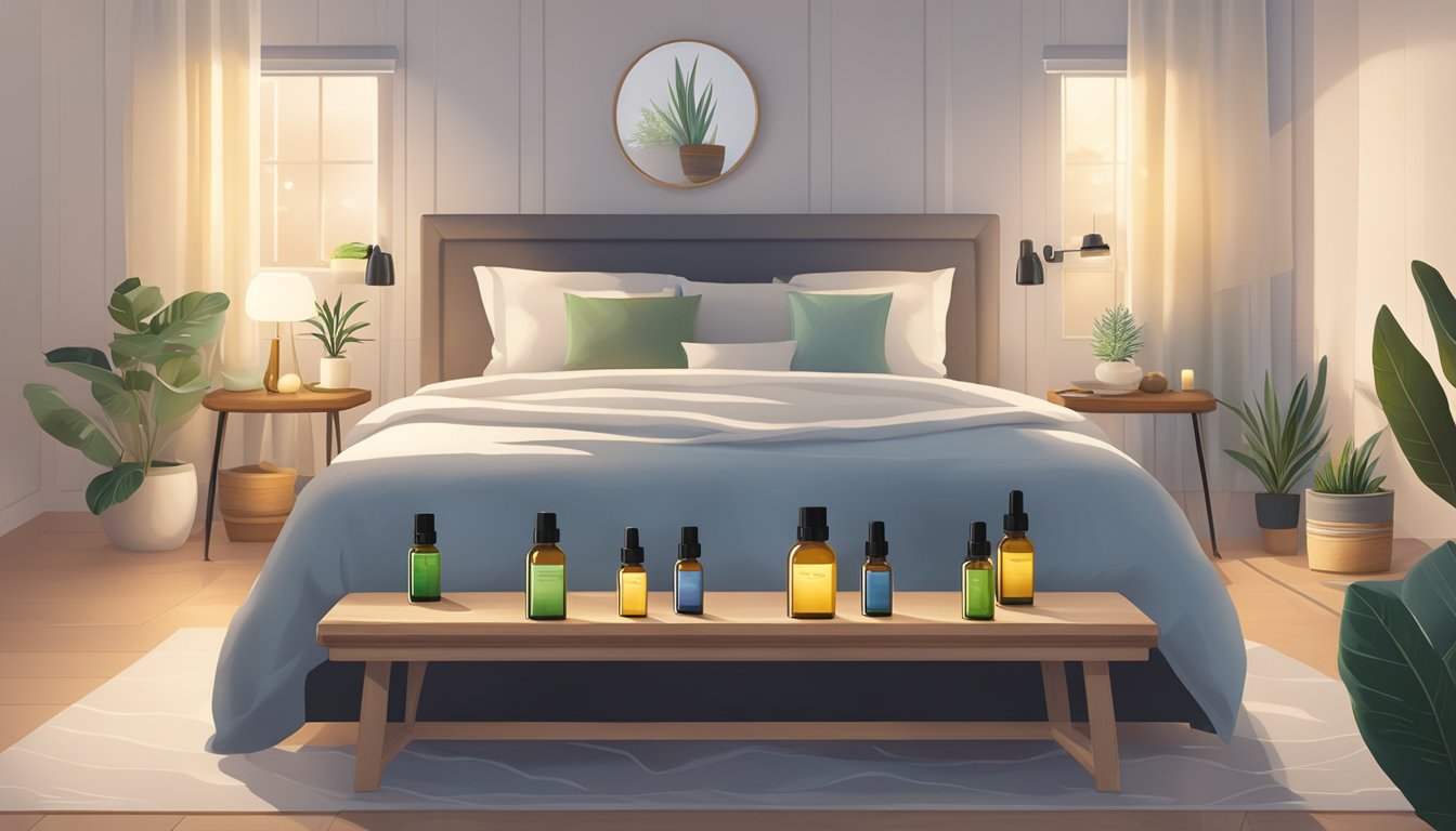 A serene bedroom with a diffuser emitting gentle mist, surrounded by bottles of various cold pressed oils, creating a calming and soothing atmosphere for relaxation and sleep enhancement