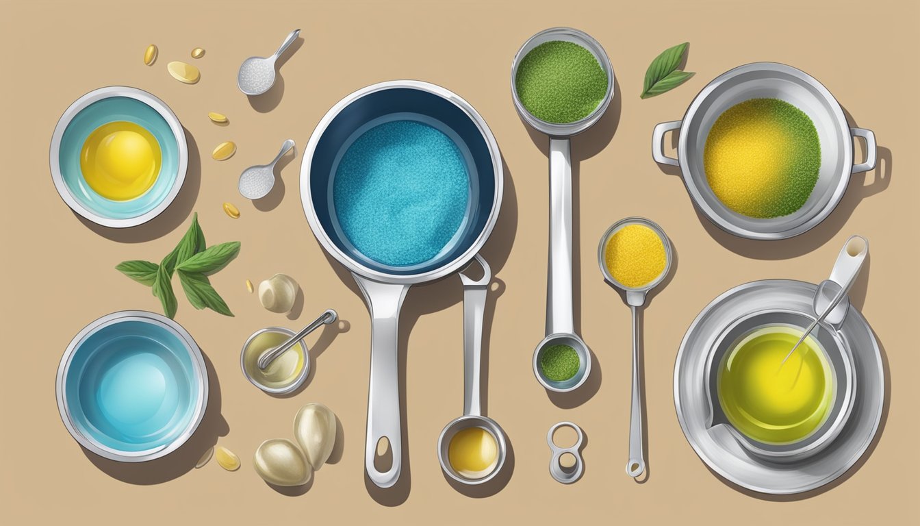 A table with various cold pressed oils, mixing bowls, and measuring spoons