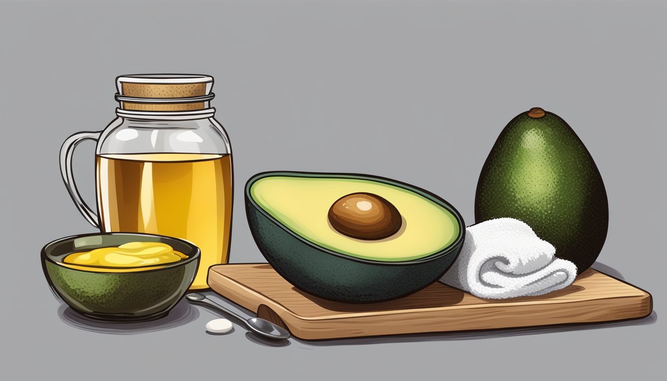 A table with various cold-pressed oils, honey, and avocado. A mixing bowl and spoon sit nearby, with a towel and hairbrush