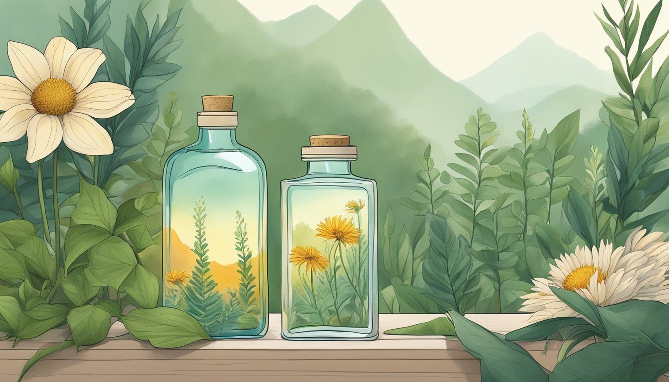 A serene, natural setting with various plants and flowers, a bottle of cold pressed oil, and a scar fading into the background