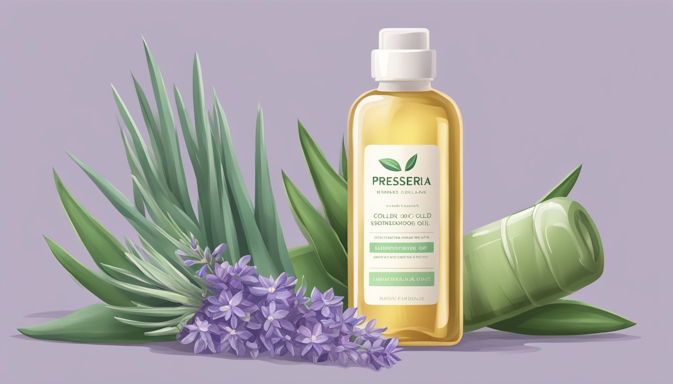 A bottle of cold pressed oil sits next to a bandaged scar, surrounded by soothing natural elements like lavender and aloe vera