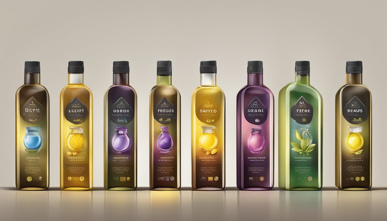 A variety of cold pressed oils arranged in a row, with a spotlight highlighting their labels, surrounded by small, fading scars