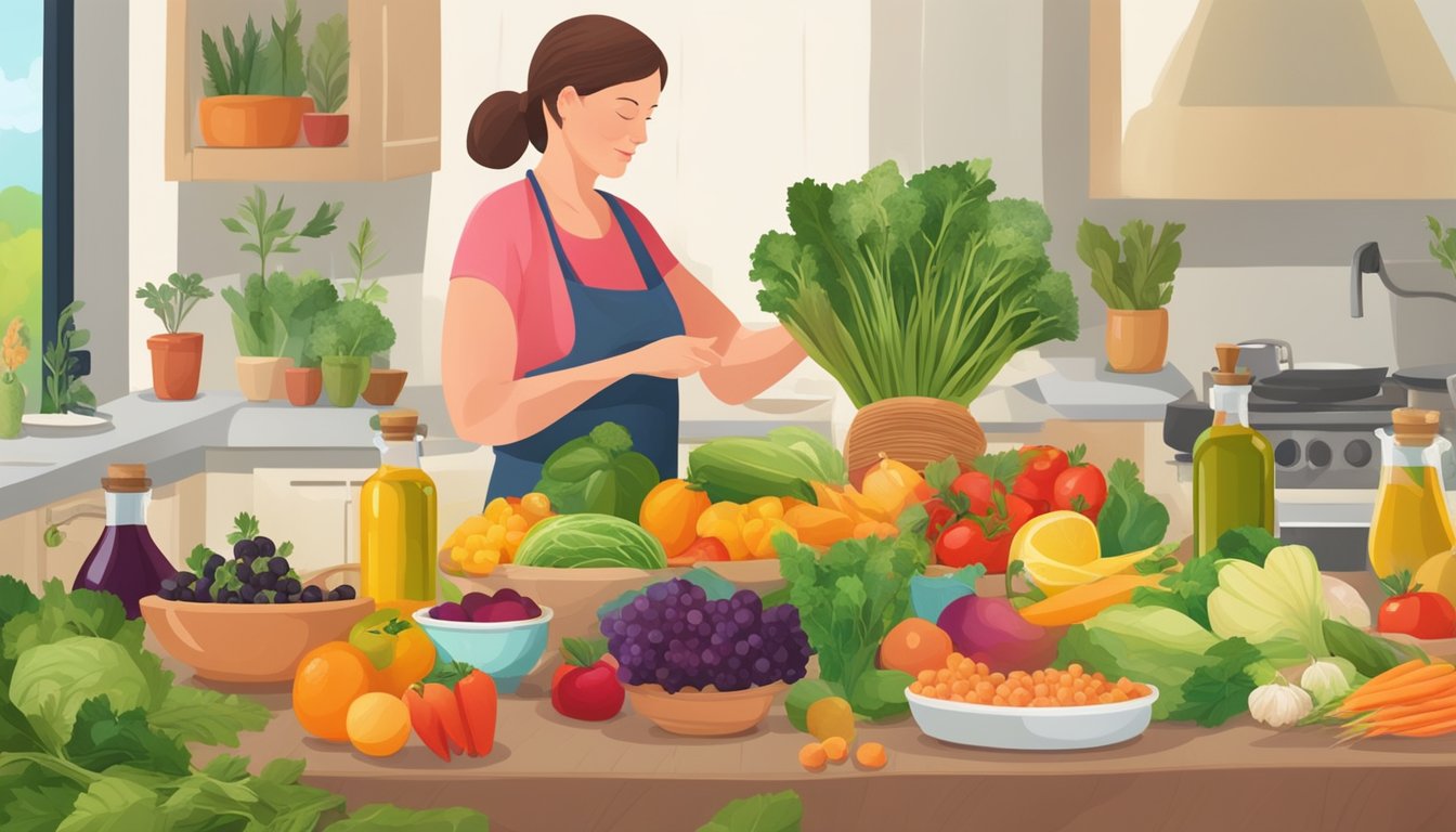 A table filled with various cold pressed oils, surrounded by colorful fruits and vegetables. A woman in menopausal age preparing a meal with the oils