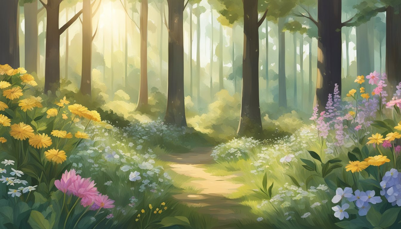 A serene forest clearing with sunlight filtering through the trees, showcasing various bottles of cold pressed oils surrounded by blooming flowers and herbs