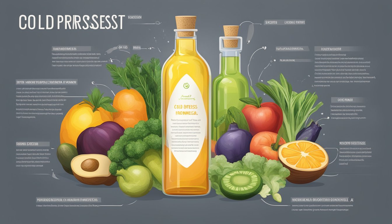 A bottle of cold pressed oils next to a balanced hormonal system diagram, surrounded by various fruits and vegetables