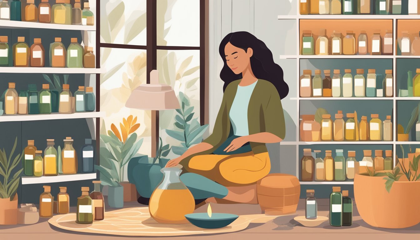 A woman sits in a cozy room surrounded by bottles of cold-pressed oils, diffusing their soothing aromas to find relief from menopausal symptoms