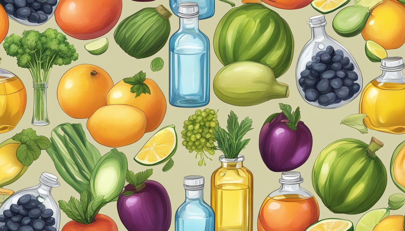 A bottle of cold pressed oils surrounded by various fruits and vegetables, with a balance scale in the background