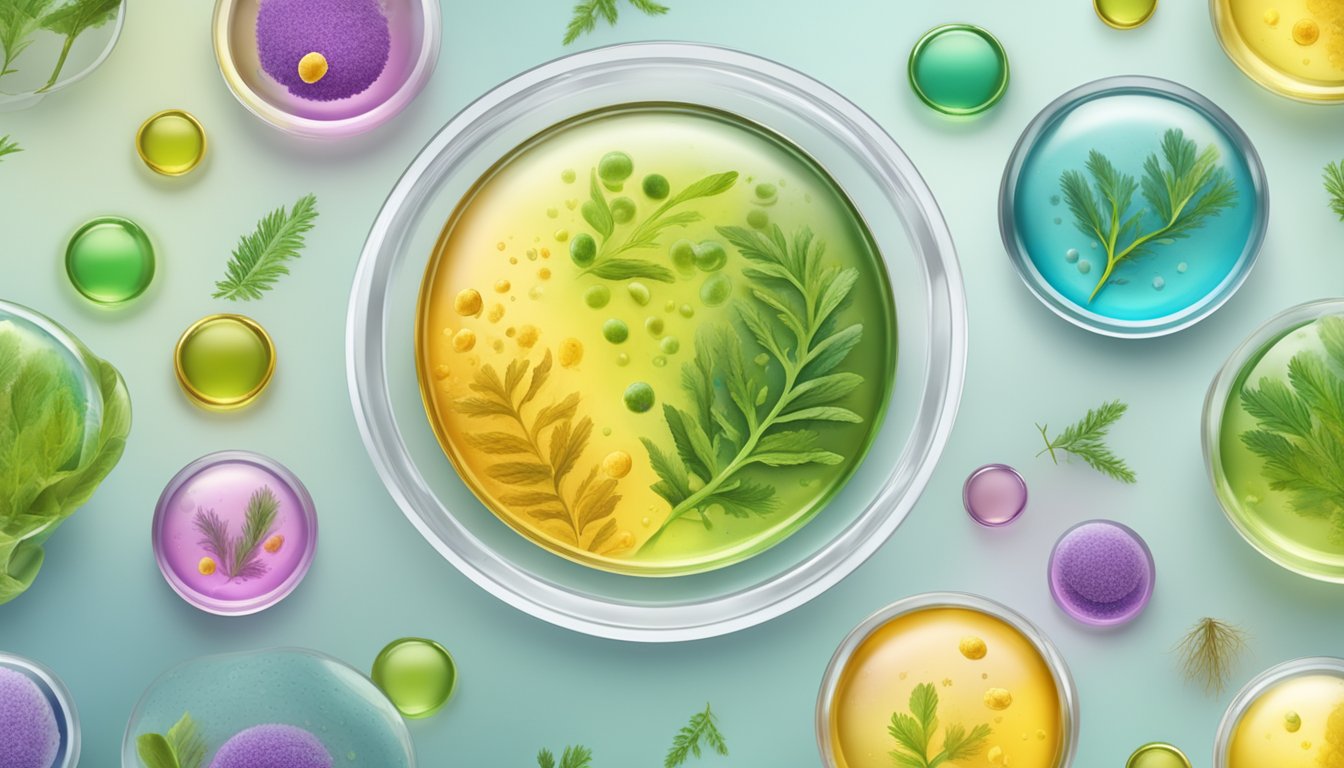 A petri dish with various cold pressed oils surrounded by bacteria