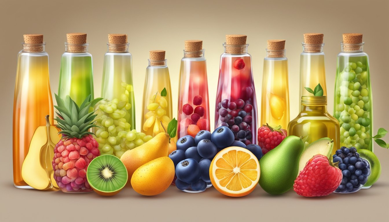 A variety of colorful fruits and seeds are pressed to extract oils, with rays of light illuminating the bottles, showcasing their stability and antioxidant properties