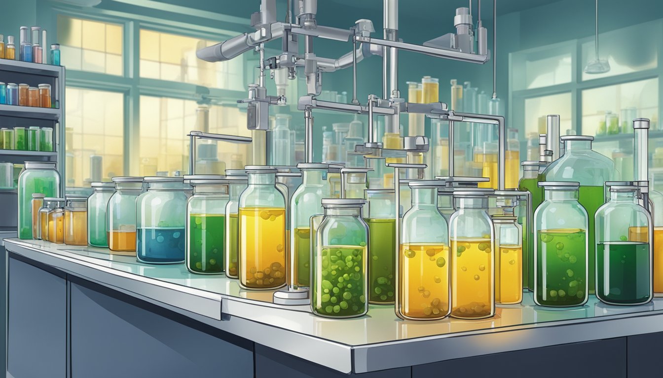 A laboratory setting with various cold pressed oils and bacteria cultures being tested for antibacterial properties