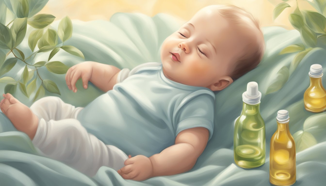 A serene baby lying on a soft blanket, surrounded by bottles of cold pressed oils and a gentle, soothing atmosphere