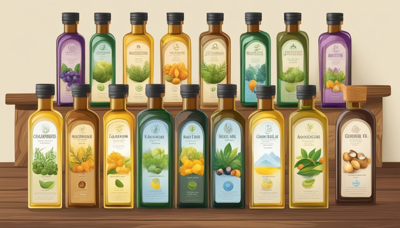 A diverse array of cold pressed oils from around the world, each labeled with the region or culture it originates from, displayed on a wooden table