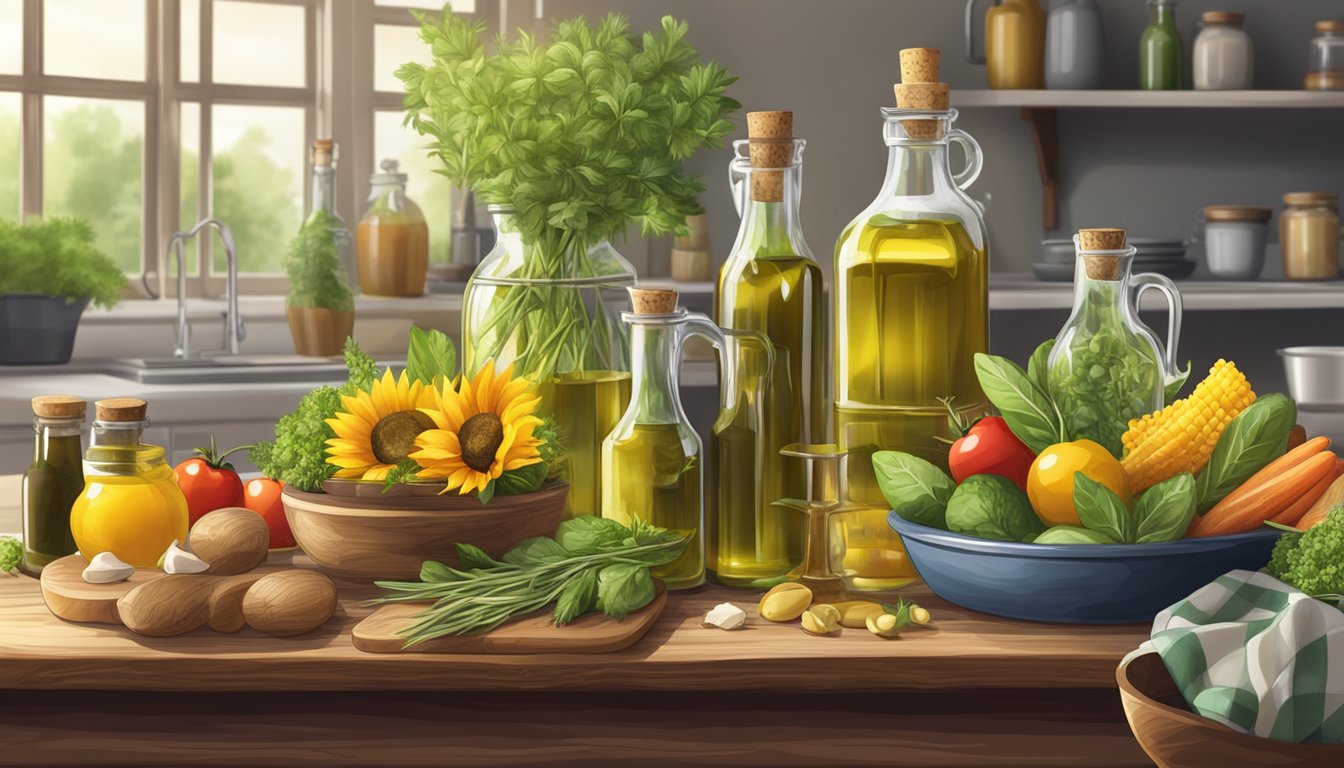 A rustic kitchen table adorned with various bottles of cold pressed olive, sunflower, and sesame oils, alongside fresh herbs and colorful vegetables