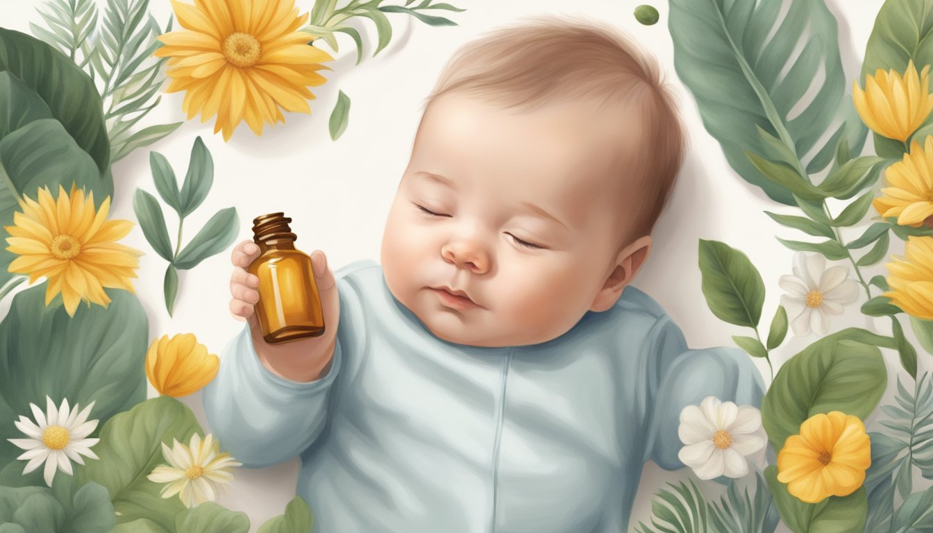 A serene baby surrounded by botanicals, with a bottle of cold pressed oil and a gentle hand motion in the background