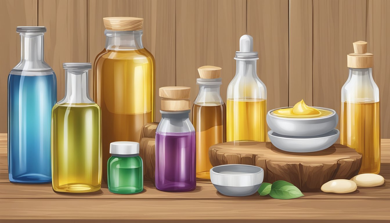 A variety of cold-pressed oils arranged on a wooden table, alongside small bottles and containers for infant massage and skincare