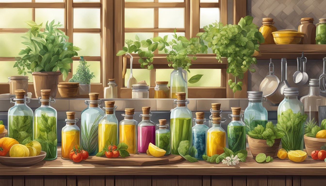 A rustic kitchen with an array of colorful bottles filled with cold-pressed oils, surrounded by fresh herbs and vibrant Mediterranean ingredients