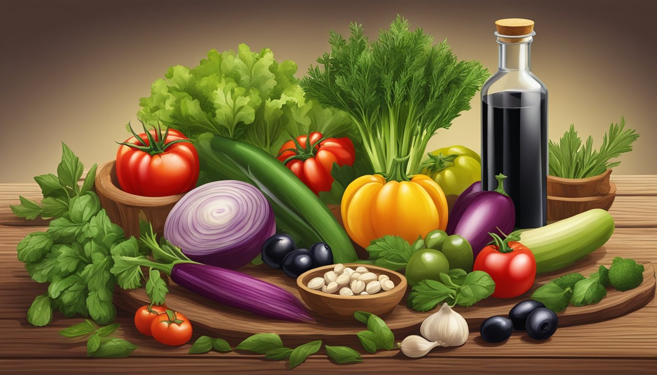 A colorful array of fresh vegetables, herbs, and olives arranged around a bottle of cold-pressed oil on a rustic wooden table