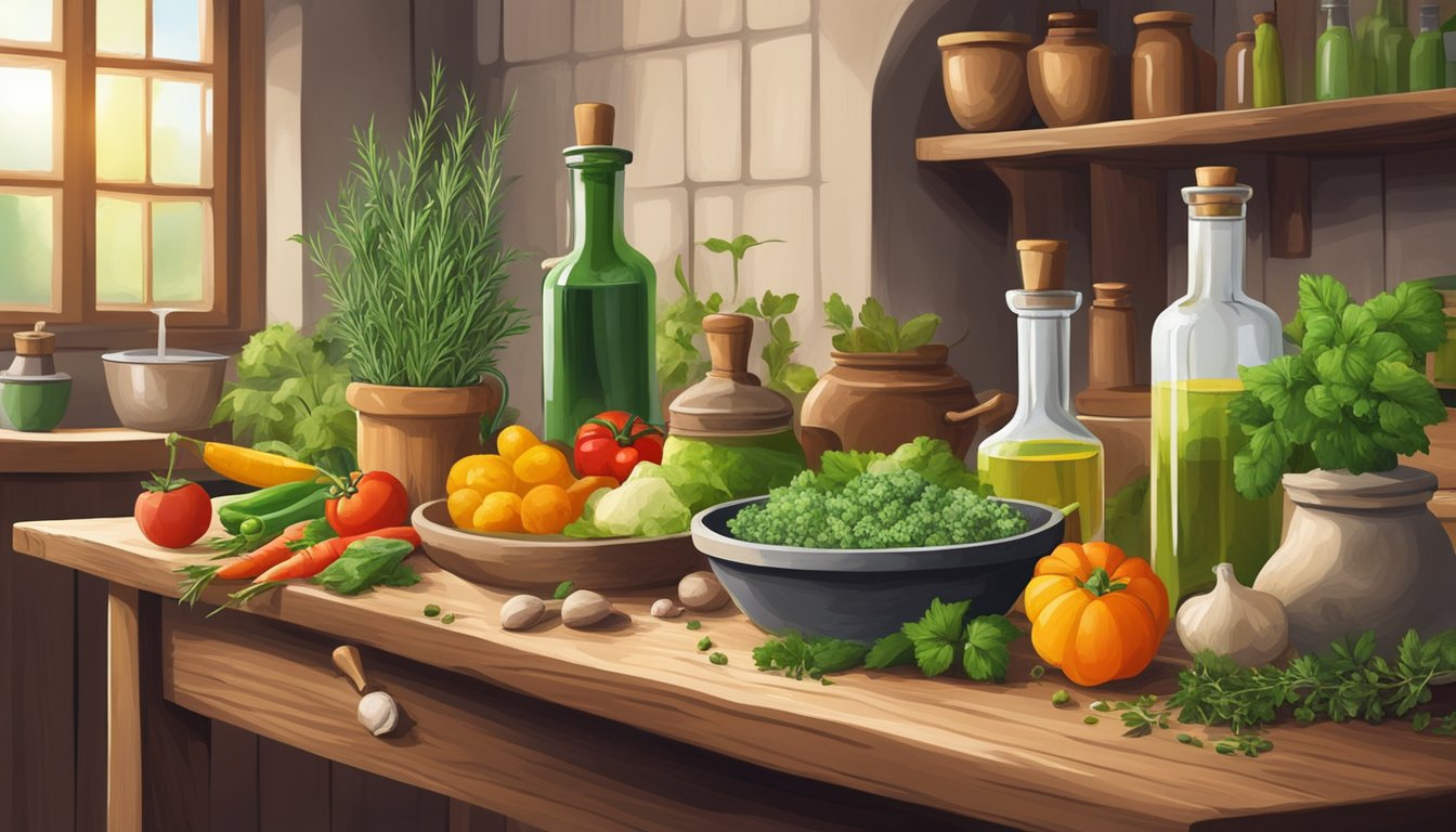 A rustic kitchen with fresh herbs and colorful vegetables, a mortar and pestle, and bottles of cold pressed oils on a wooden table