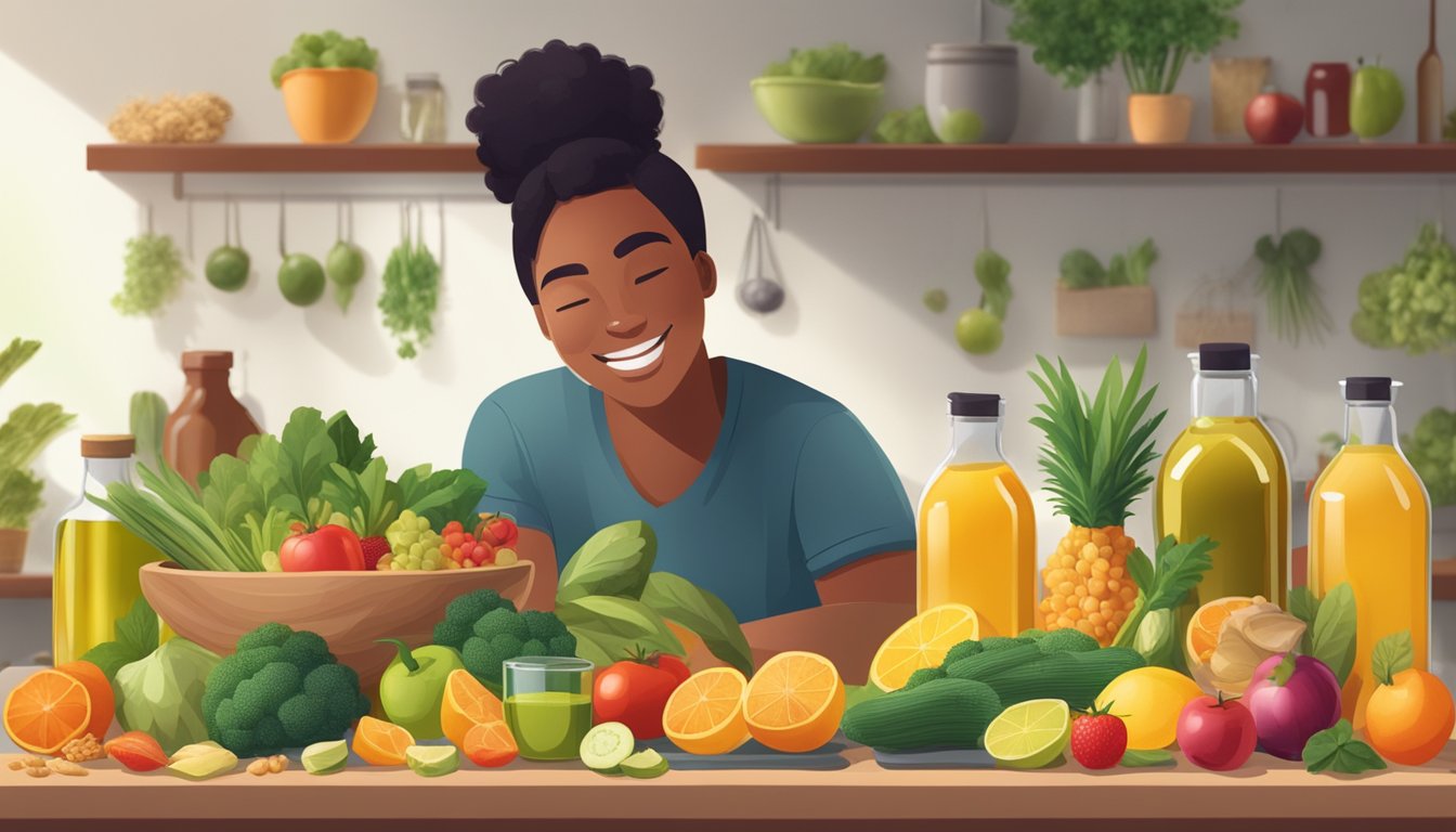 A table with an assortment of cold pressed oils, surrounded by various fruits, vegetables, and grains, with a person appearing happy and healthy in the background