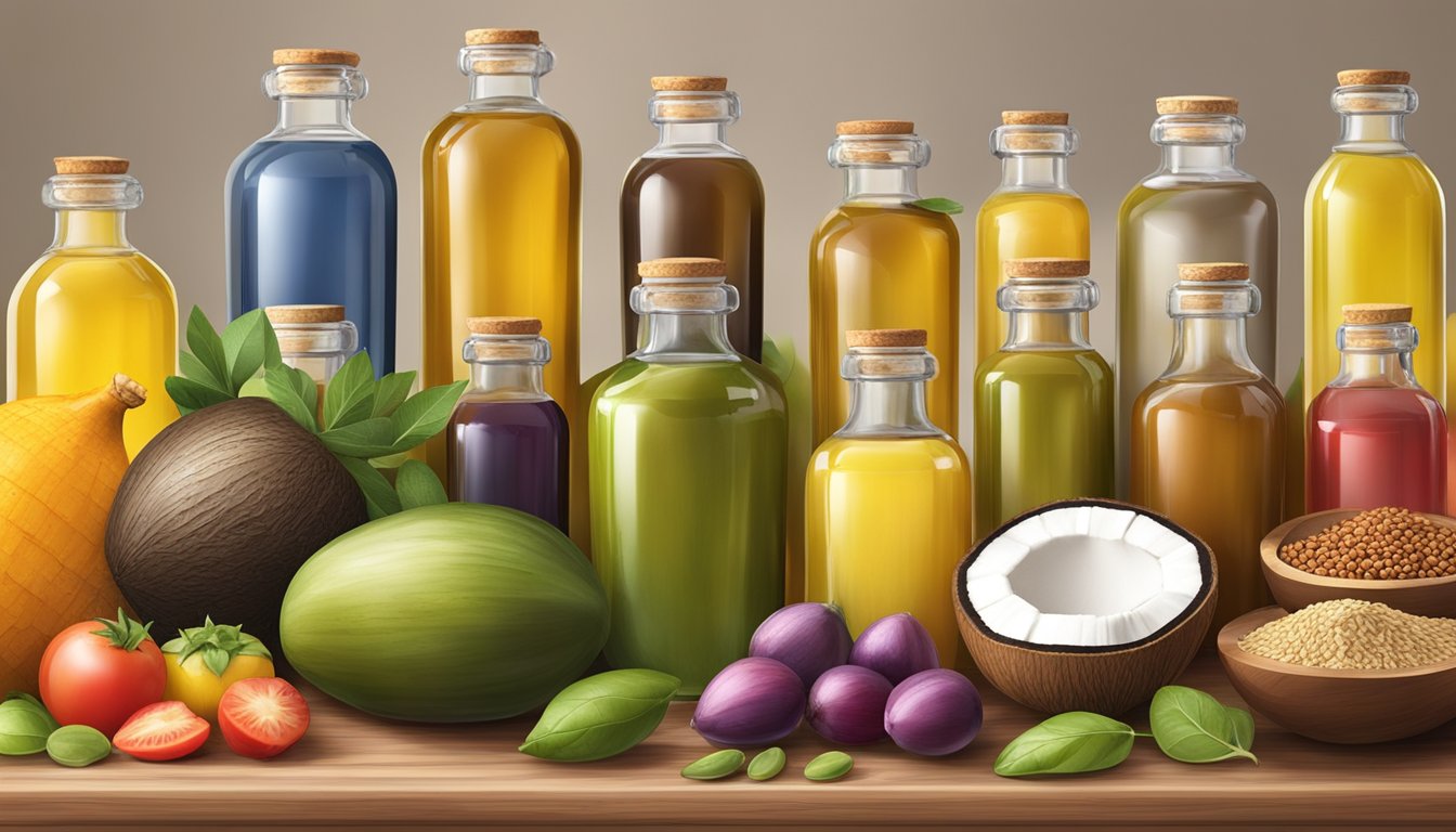 A variety of cold pressed oils, such as olive, coconut, and flaxseed, arranged next to a colorful assortment of fresh fruits and vegetables