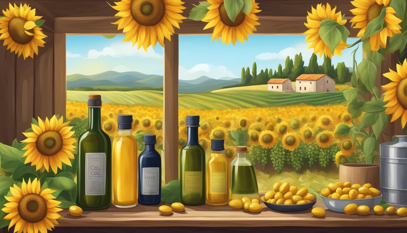 A serene landscape with fields of sunflowers and olives, a traditional cold press mill, and bottles of vibrant, fresh cold pressed oils displayed on a wooden table