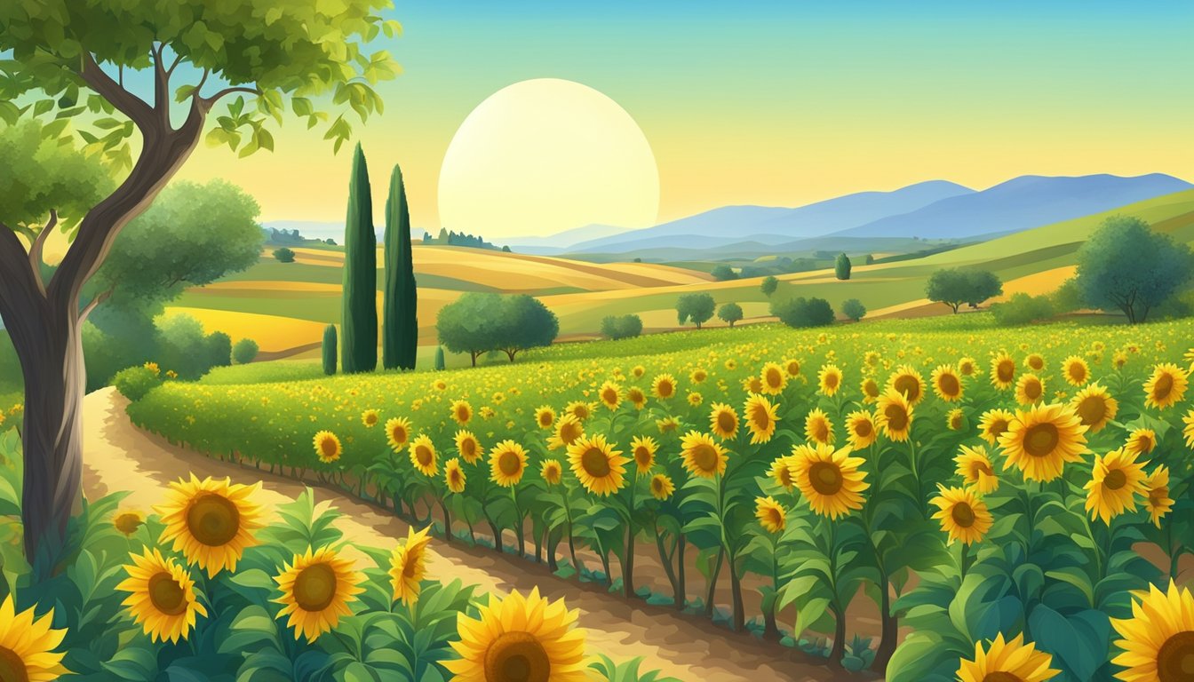 A lush green landscape with fields of sunflowers and olive trees, a clear blue sky, and a serene atmosphere