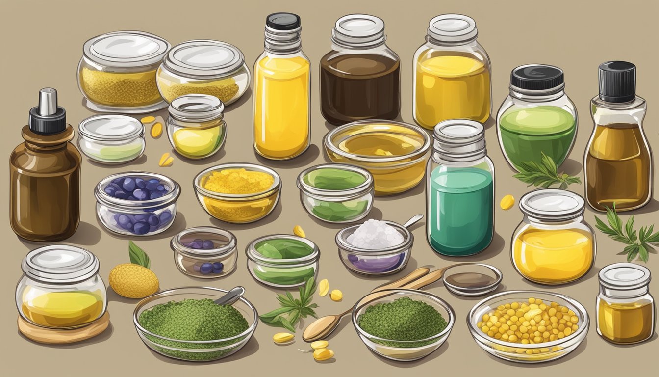 A table with various cold-pressed oils, beeswax, and essential oils. Mixing bowls, spoons, and small containers for DIY lip balm and gloss making