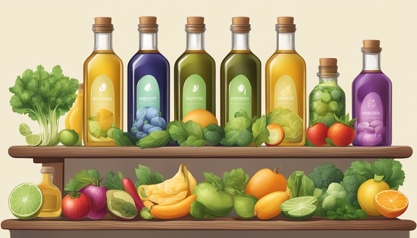 A shelf filled with various bottles of cold pressed oils, surrounded by fresh fruits and vegetables, with a digestive system diagram in the background