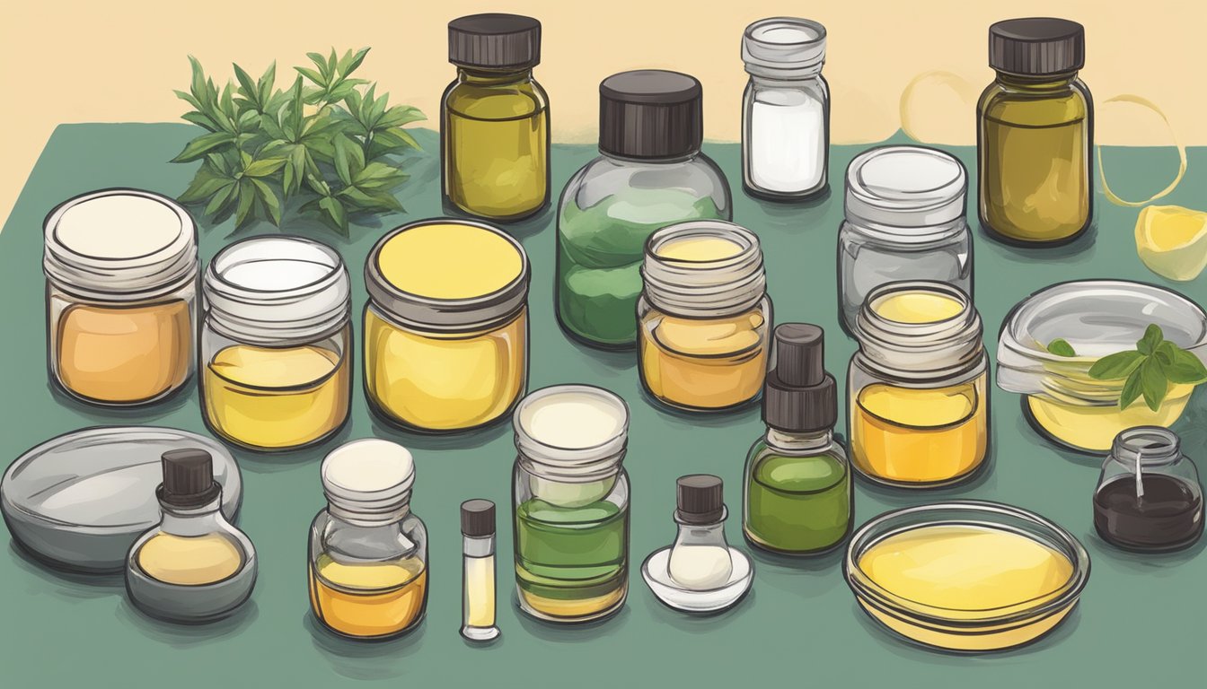 A table with various cold pressed oils, beeswax, and essential oils arranged for making DIY lip balms and glosses