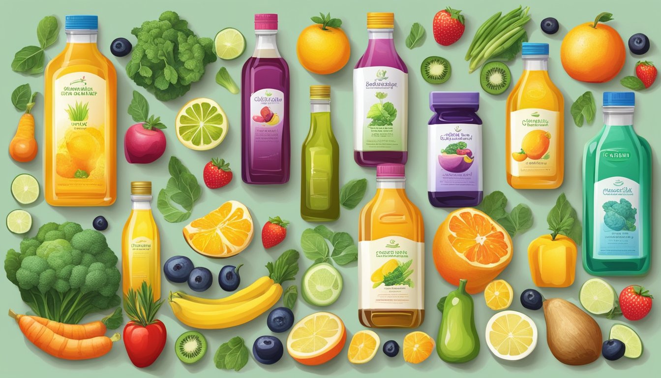 A colorful array of cold-pressed oils and fresh, vibrant fruits and vegetables, surrounded by images of healthy lifestyle choices and digestive wellness