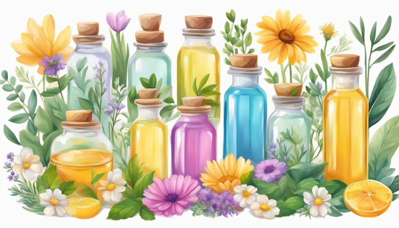 Vibrant bottles of cold-pressed oils, surrounded by fresh herbs and flowers, emit a sweet and fragrant aroma in a cozy DIY lip balm and gloss workshop