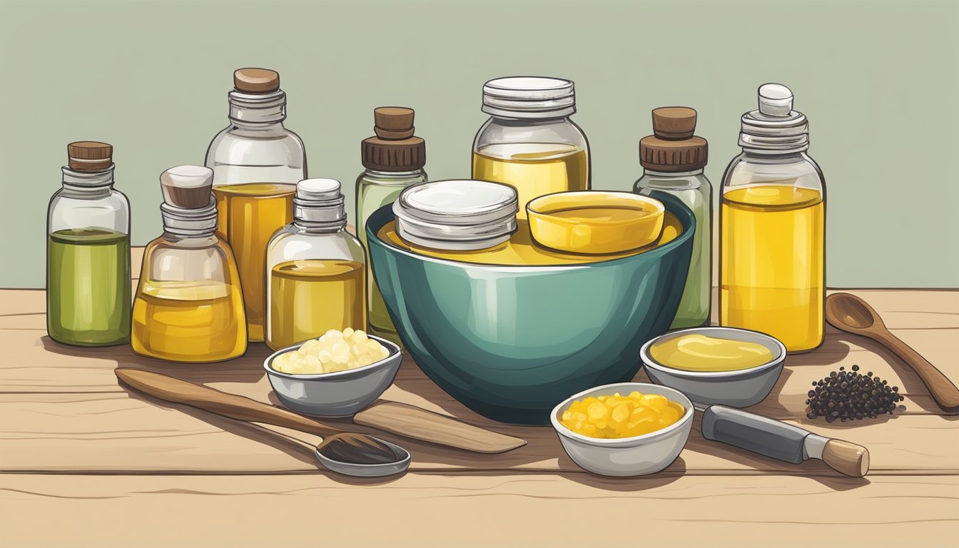 A table filled with various cold pressed oils, beeswax, and essential oils. A mixing bowl and utensils are ready for creating homemade lip balms and glosses