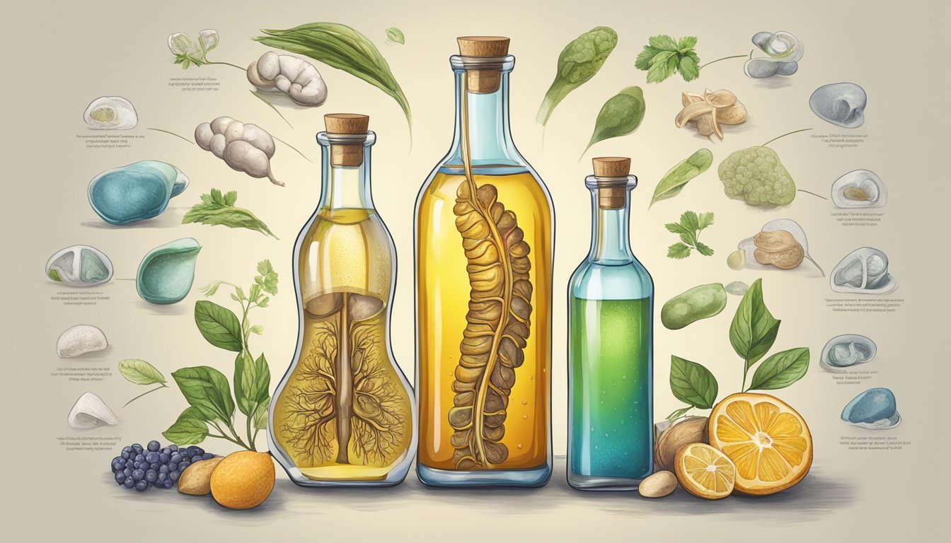 A bottle of cold-pressed oil surrounded by images of healthy digestive system and potential risks