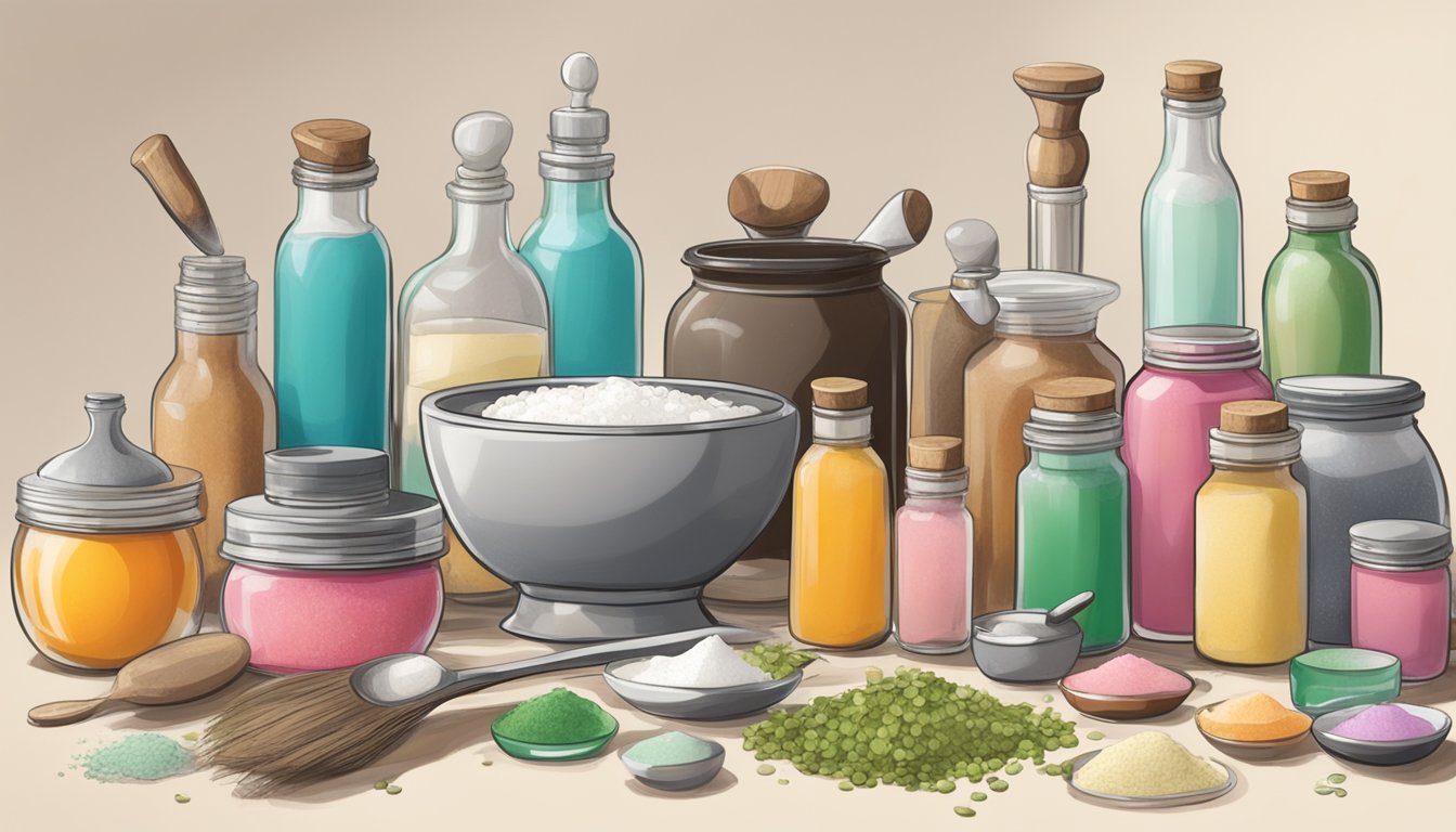 A cluttered table with various bottles, jars, and ingredients for making lip balms and glosses. A mortar and pestle, measuring spoons, and mixing bowls are scattered about