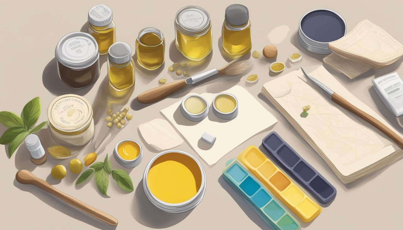 A table scattered with assorted cold pressed oils, beeswax, and empty lip balm containers. Mixing tools and recipe cards are nearby