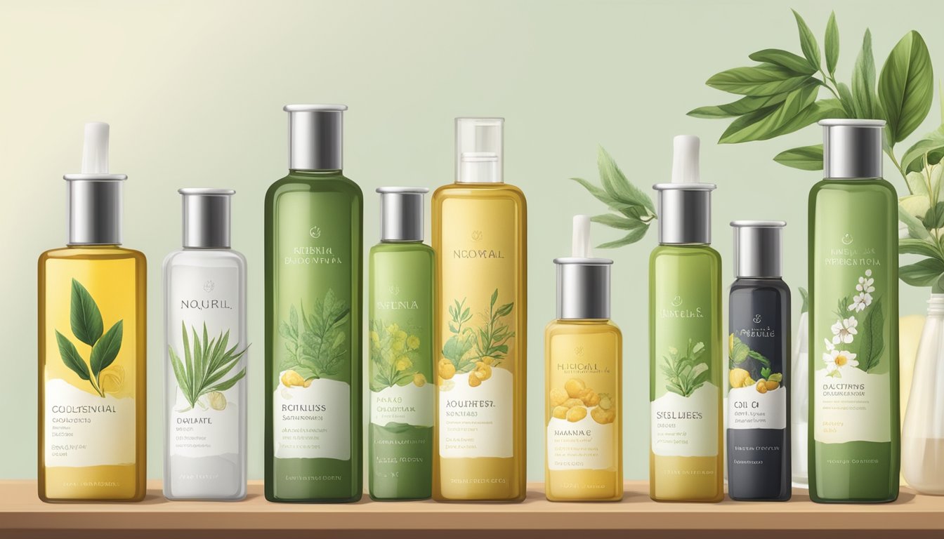 A collection of various cold pressed oils in elegant glass bottles, surrounded by botanical ingredients and labeled with their specific skin-nourishing properties