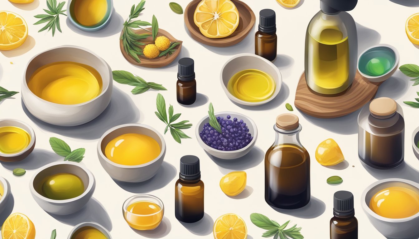 A table with various bottles of cold pressed oils, beeswax, and essential oils. Mixing bowls, spoons, and small containers scattered around