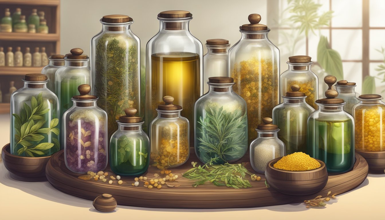 A traditional Chinese apothecary with rows of glass jars filled with various cold-pressed oils, surrounded by ancient herbal remedies and healing tools