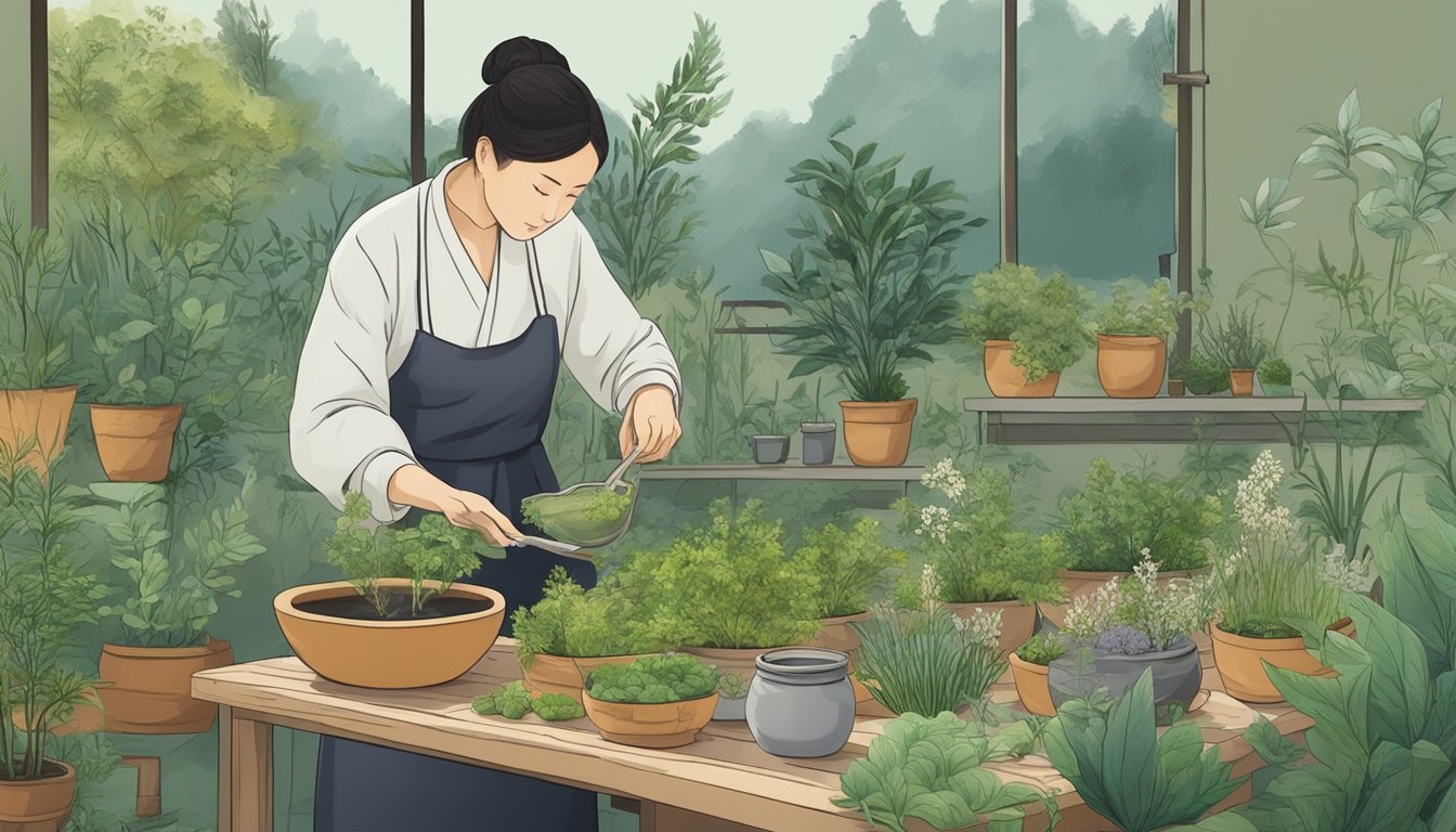 A serene garden with various herbs and plants, a traditional Chinese medicine practitioner extracting oil from seeds using a cold-press method