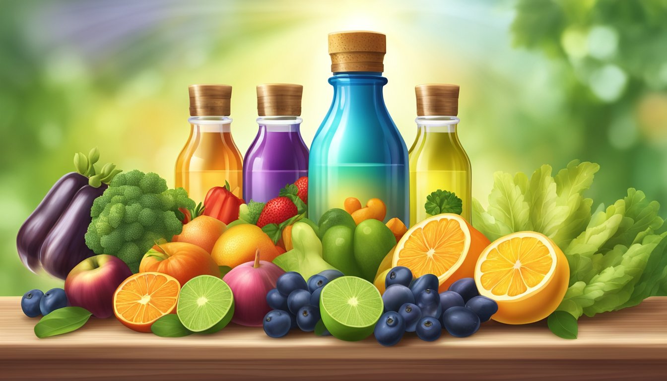 A bottle of cold pressed oil surrounded by a variety of antioxidant-rich fruits and vegetables, with rays of light symbolizing the anti-aging benefits