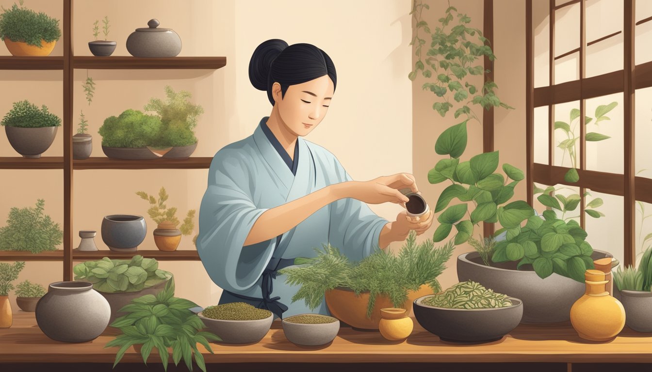 A traditional Chinese medicine practitioner pouring cold pressed oils into a ceramic bowl surrounded by various herbs and plants